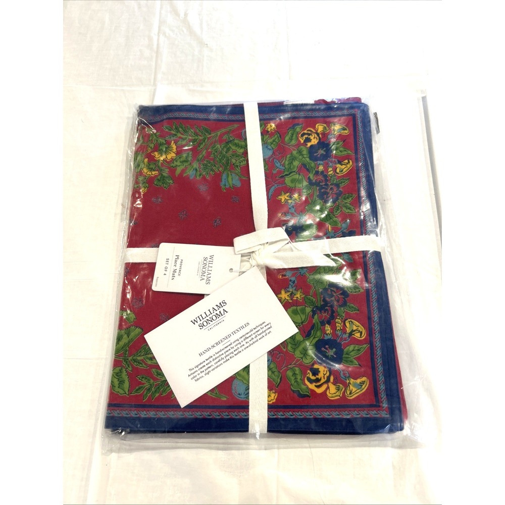 Williams Sonoma Provence Place Mats Set of 4 Red Floral Hand Screened Cotton NEW